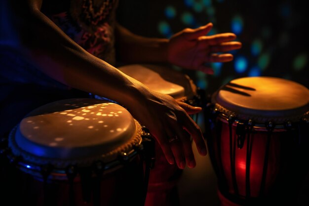 Una persona tocando un tambor con una luz azul de fondo.