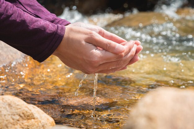Foto la persona toma agua limpia de un arroyo en un bosque o en las montañas mano cerca de verano soleado