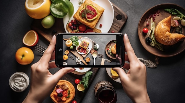 Una persona toma una foto de su comida en su teléfono.