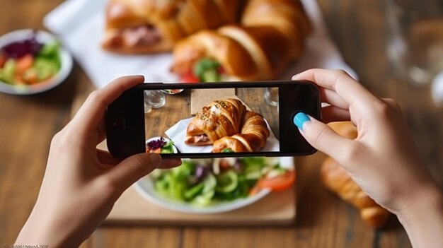 Una persona tomando una foto de un croissant con un plato de comida sobre la mesa.