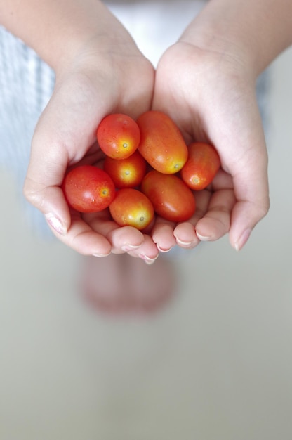 Una persona con tomates en sus manos.