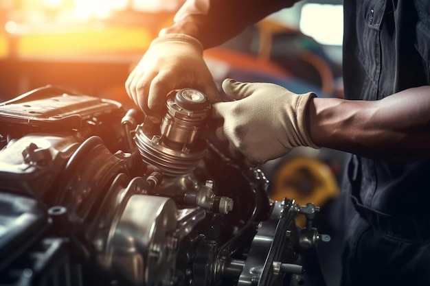 Foto una persona trabajando en un coche con una llave inglesa en el motor