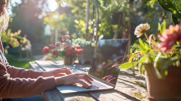 Persona trabajando en una computadora portátil en un jardín vibrante al amanecer rodeada de naturaleza serenidad AIG58