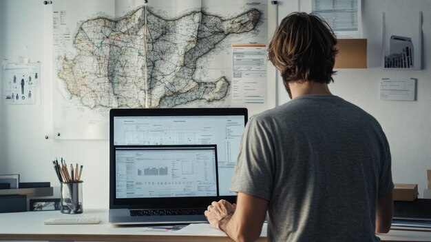 Una persona trabajando en una computadora portátil con un mapa en el fondo centrado en el análisis de datos