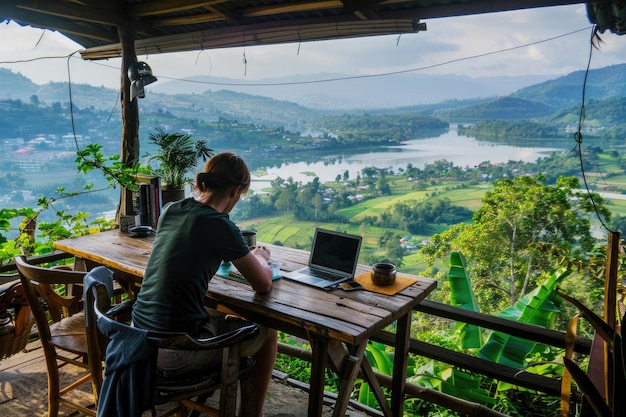 Una persona trabajando en una computadora portátil en un pintoresco café al aire libre