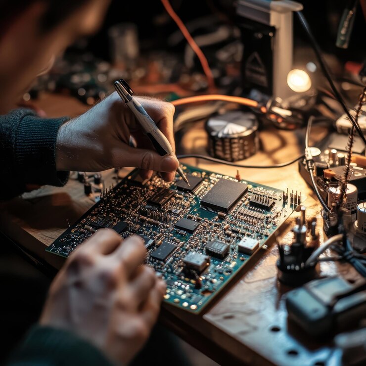 Foto una persona trabajando en una placa arduino