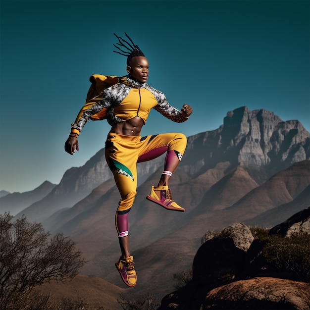 Foto una persona con un traje amarillo con la palabra áfrica escrita