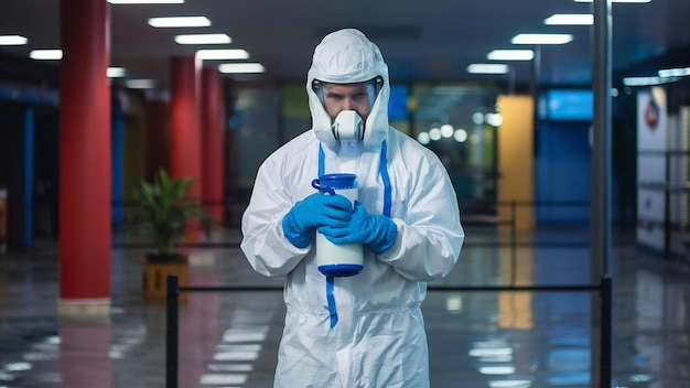 Persona con traje blanco de protección química haciendo desinfección de áreas públicas para detener la propagación de highl