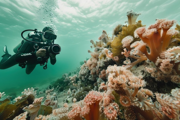 Una persona con un traje de buceo nadando sobre un arrecife de coral