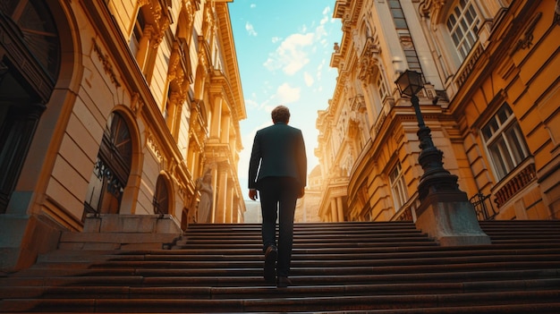 Foto una persona en un traje caminando por un largo conjunto de escaleras en frente de un gran edificio hermoso