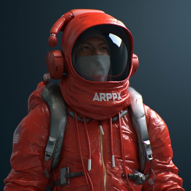 Una persona con un traje espacial rojo con la palabra arpp.