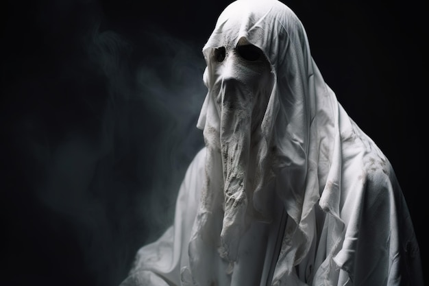 Una persona con un traje de fantasma blanco con la palabra fantasma en él.