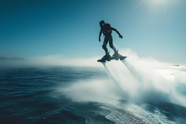 Persona en traje de lluvia volando por el aire en una tabla de surf de agua