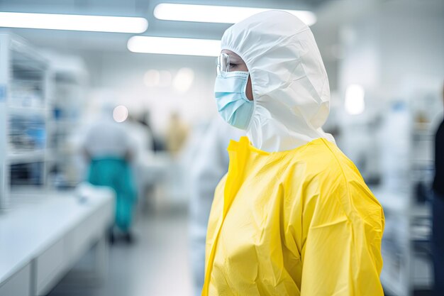 Foto persona con traje de ppe en laboratorio