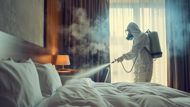 Foto persona con traje de protección contra sustancias peligrosas que nebuliza un dormitorio para desinfectarlo de patógenos