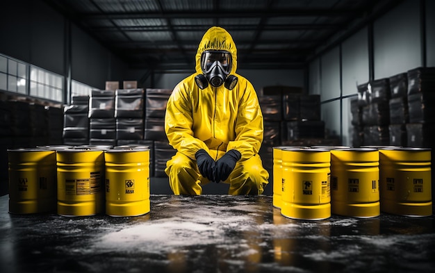 Una persona con un traje de protección química contra la radiación con advertencia radiactiva que manipula productos químicos