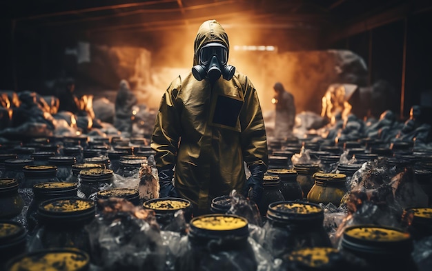 Una persona con un traje de protección química contra la radiación con advertencia radiactiva que manipula productos químicos
