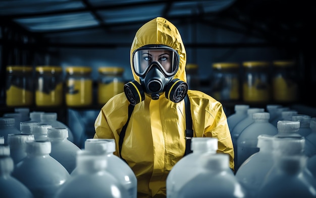 Foto una persona con un traje de protección química contra la radiación con advertencia radiactiva que manipula productos químicos