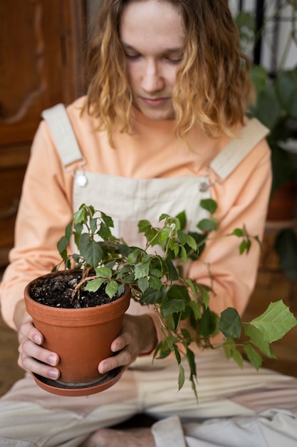 Persona trasplantando plantas en macetas nuevas