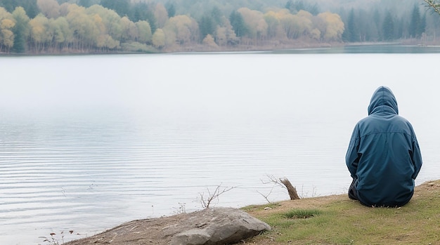 Persona triste y contemplativa cerca del lago.