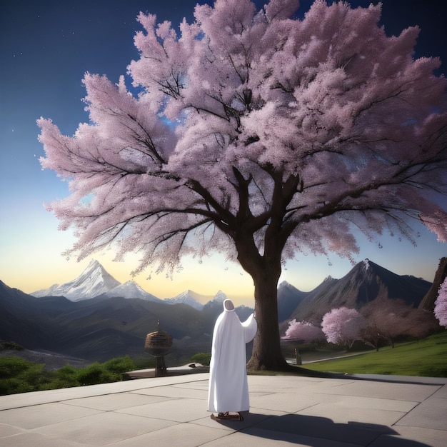 Una persona con una túnica blanca se para frente a un gran árbol con una montaña al fondo.