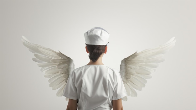 Una persona con un uniforme de enfermera con alas de ángel concepto de cuidado