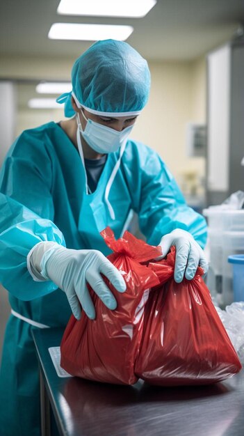 una persona en un uniforme quirúrgico está sosteniendo una bolsa de basura roja