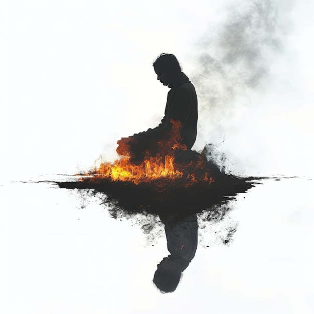 Persona valiente sentada junto al fuego aislada sobre un fondo blanco