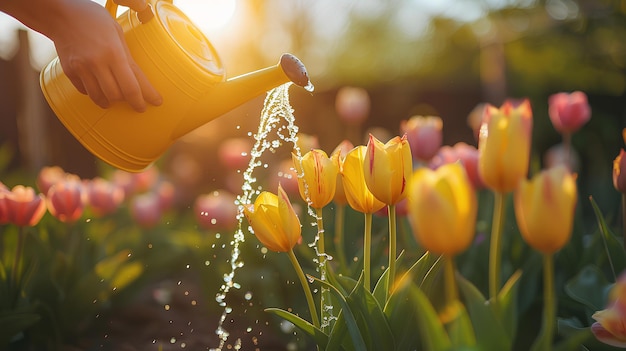 Una persona vertiendo agua en un campo de flores con un riego amarillo en primer plano y un