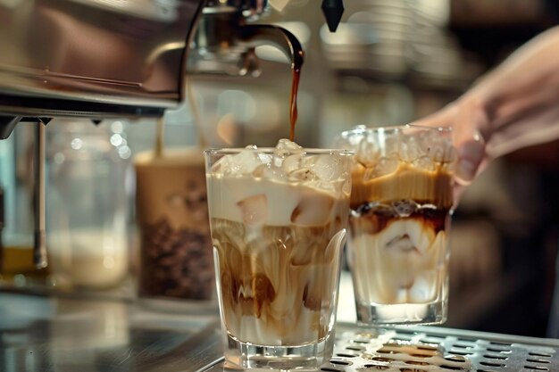 Foto persona vertiendo una bebida en un vaso de café helado