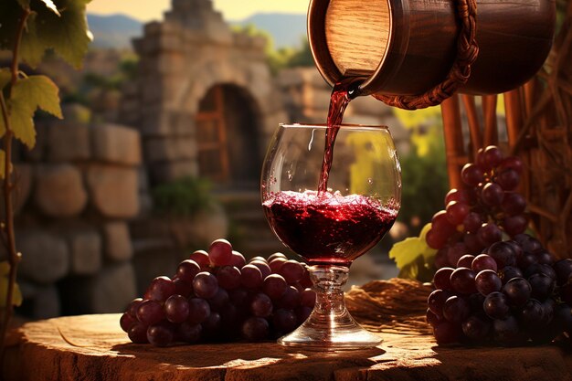 Persona vertiendo vino en un vaso con uvas en primer plano