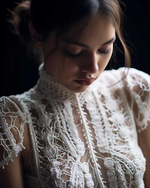 Foto persona con un vestido de encaje blanco