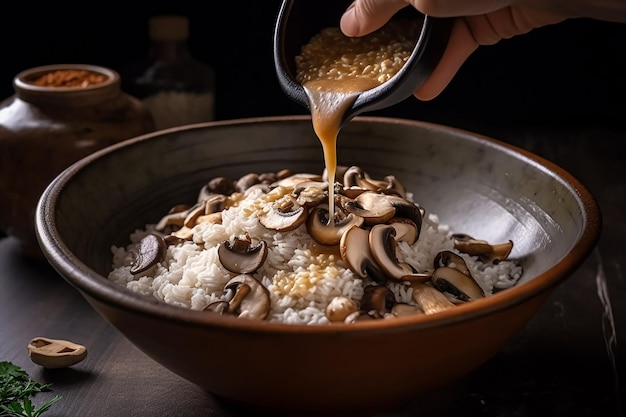 Una persona vierte arroz en un tazón grande y mezcla hongos para sazonar el arroz IA generativa