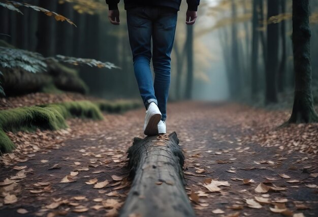 Persona con zapatillas blancas y vaqueros azules caminando sobre un tronco caído en un bosque con hojas caídas