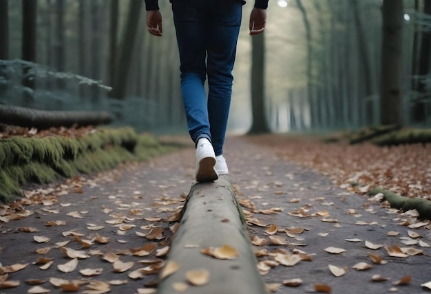 Persona con zapatillas blancas y vaqueros azules caminando sobre un tronco caído en un bosque con hojas caídas