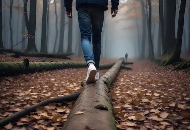 Foto persona con zapatillas blancas y vaqueros azules caminando sobre un tronco caído en un bosque con hojas caídas