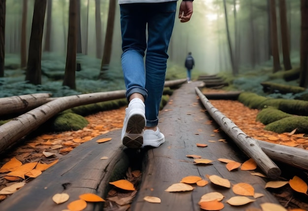 Persona con zapatillas blancas y vaqueros azules caminando sobre un tronco caído en un bosque con hojas caídas
