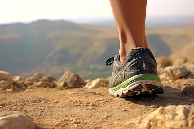 Una persona con zapatillas para correr en una montaña.