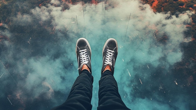 Una persona con zapatillas negras con cordones blancos y un fondo de cielo azul.