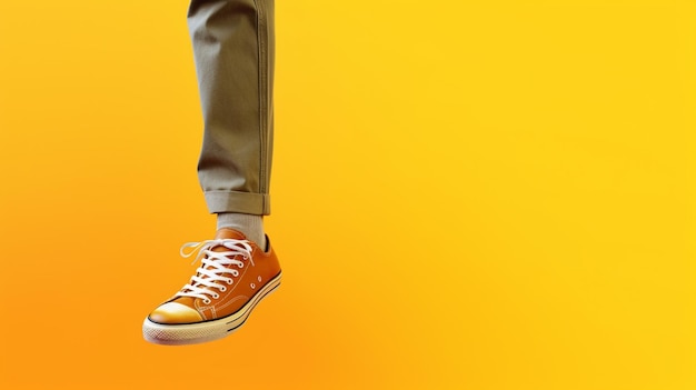 Una persona con zapatos naranjas está suspendida en el aire.