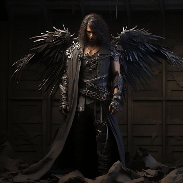 Foto personagem 3d anjo caído homem crenando ash holding a scythe dark aveng jogo asset design art