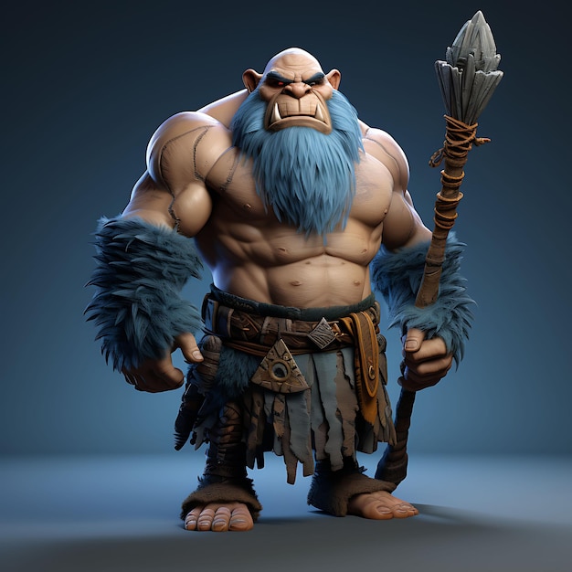 Foto personagem 3d cíclope masculino burly pale blue segurando um enorme clube gigante wa arte de design de ativos de jogo