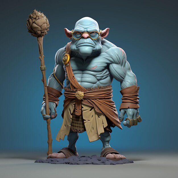 Foto personagem 3d cíclope masculino burly pale blue segurando um enorme clube gigante wa arte de design de ativos de jogo