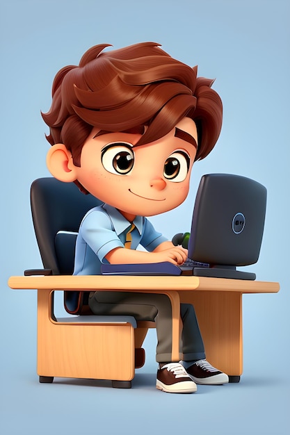 personagem 3d com laptop e mesa