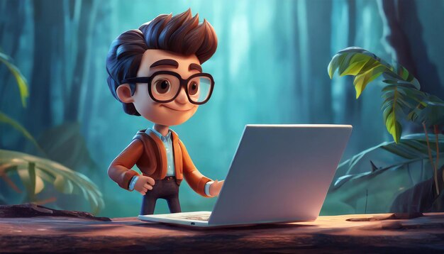 Personagem 3D com um laptop Ilustração 3D Personagem 3d com um laptop