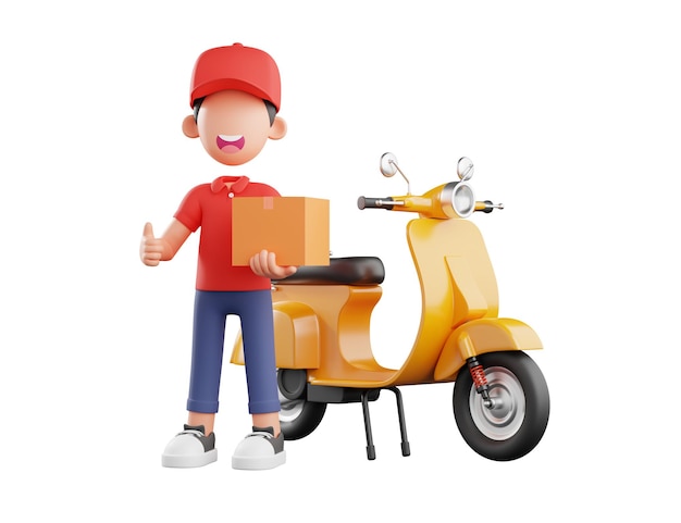 Personagem 3D de correio fazendo pose de polegar para cima com uma scooter amarela