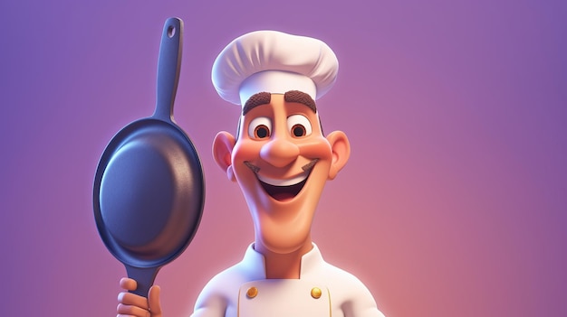 Foto personagem 3d de um chef segurando uma frigideira generative ai