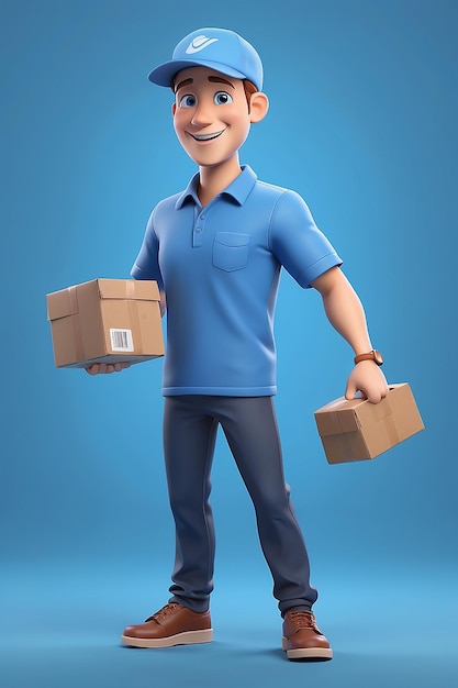 Foto personagem 3d de um entregador vestindo uma camisa azul e um chapéu azul entregando um pacote a um cliente com um sorriso