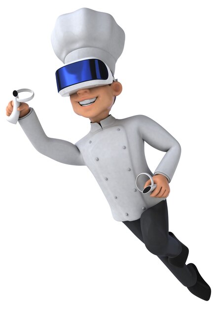 Personagem 3D divertida de um chef com um capacete de realidade virtual