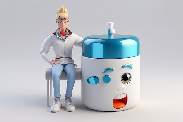 Personagem 3D doente sentado em um pote de pílulas isolado